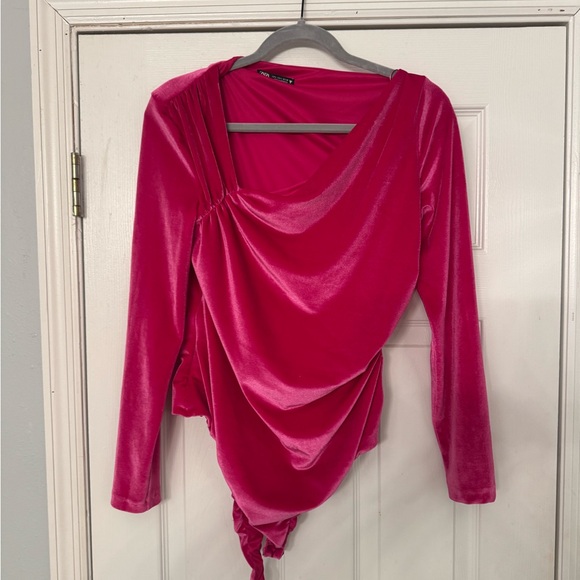 Zara Tops - Zara Fuchsia Velvet Drape Bodysuit